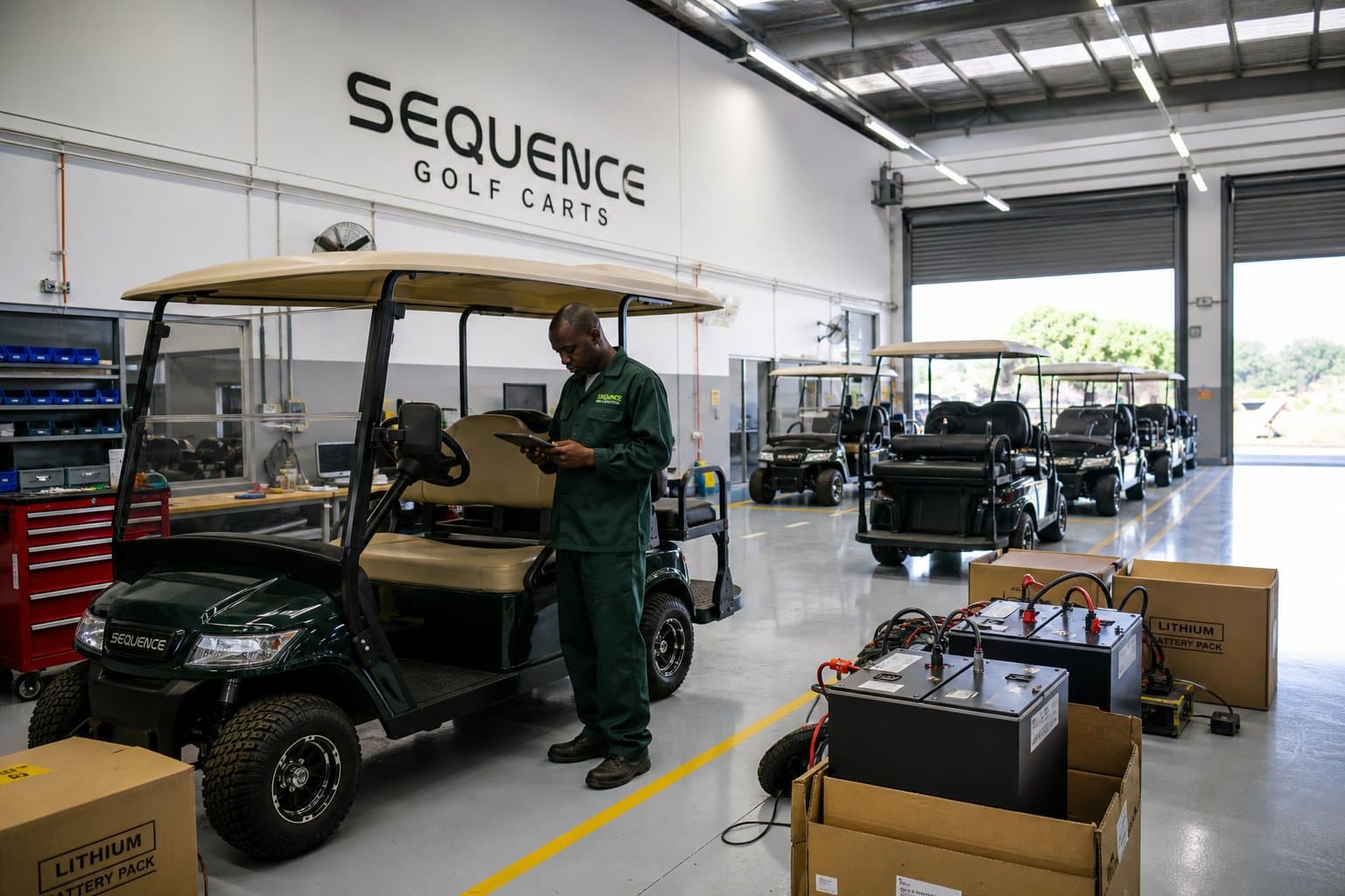 Sequence Golf Carts preparation and fulfilment facility in Brackenfell, Western Cape, with carts being prepped for nationwide dispatch