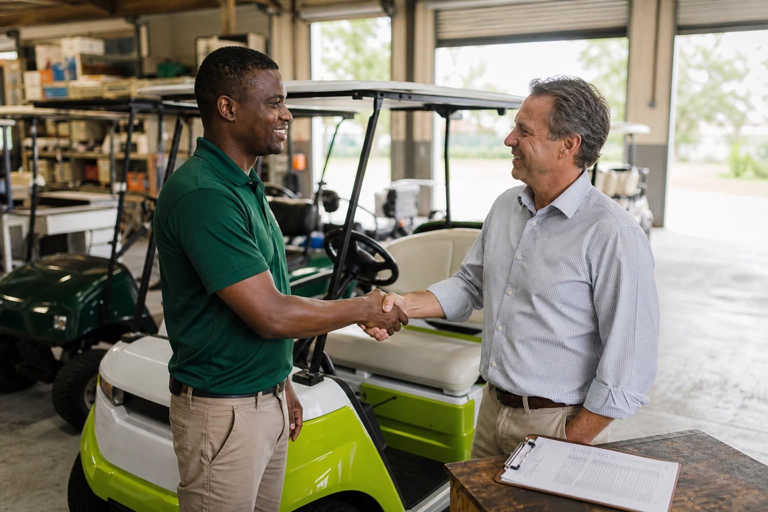 A Sequence Golf Carts specialist consulting with a fleet client at the Brackenfell facility