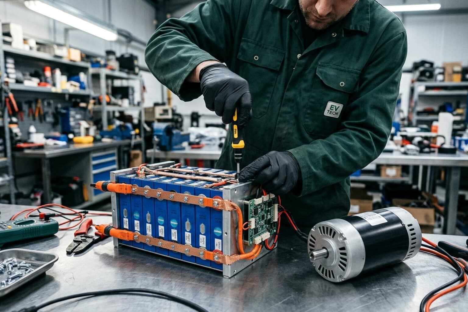 Technician building a lithium battery pack and controller on a workbench