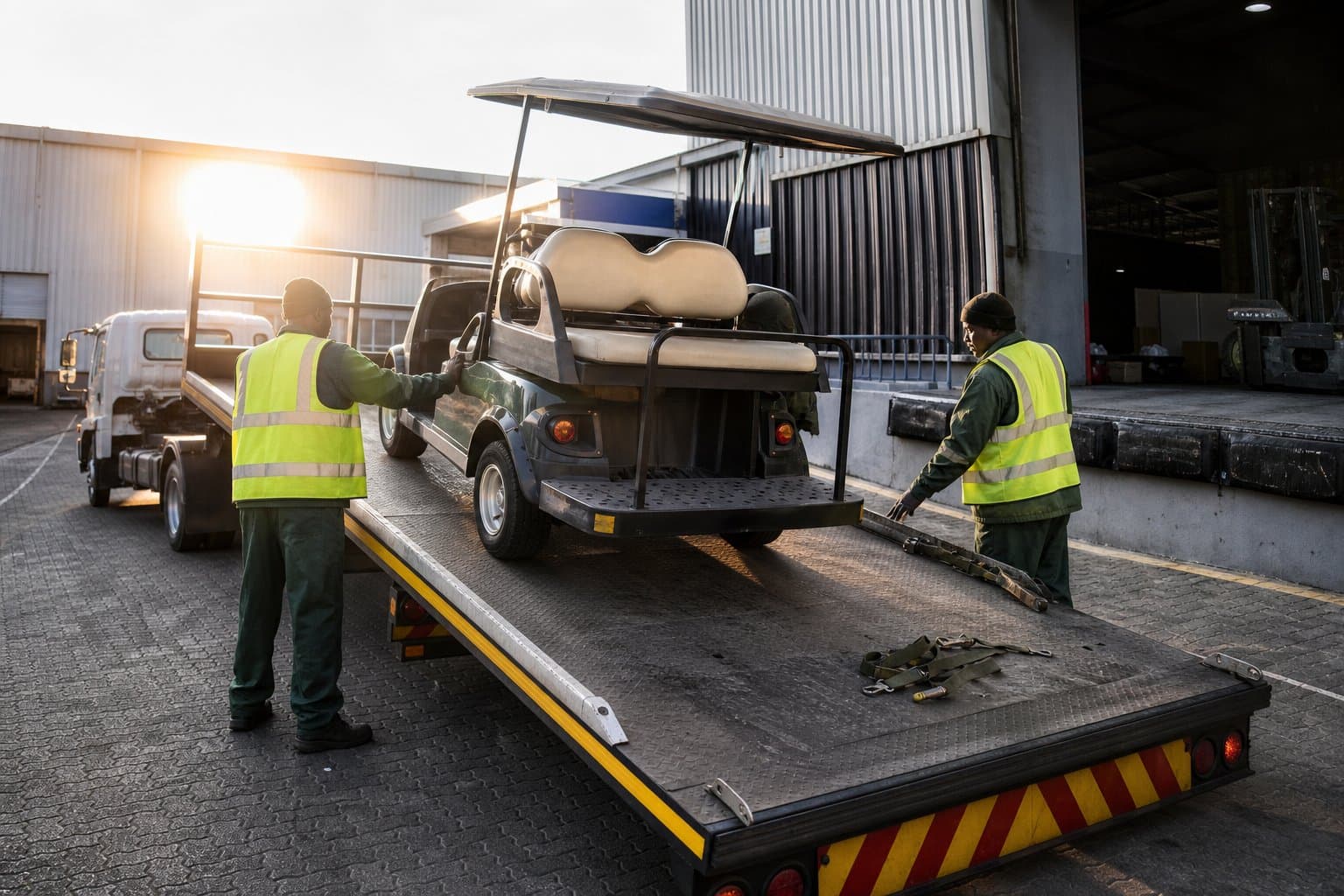 Golf cart being loaded onto a tilt-tray transporter at the Sequence Golf Carts loading dock in Brackenfell
