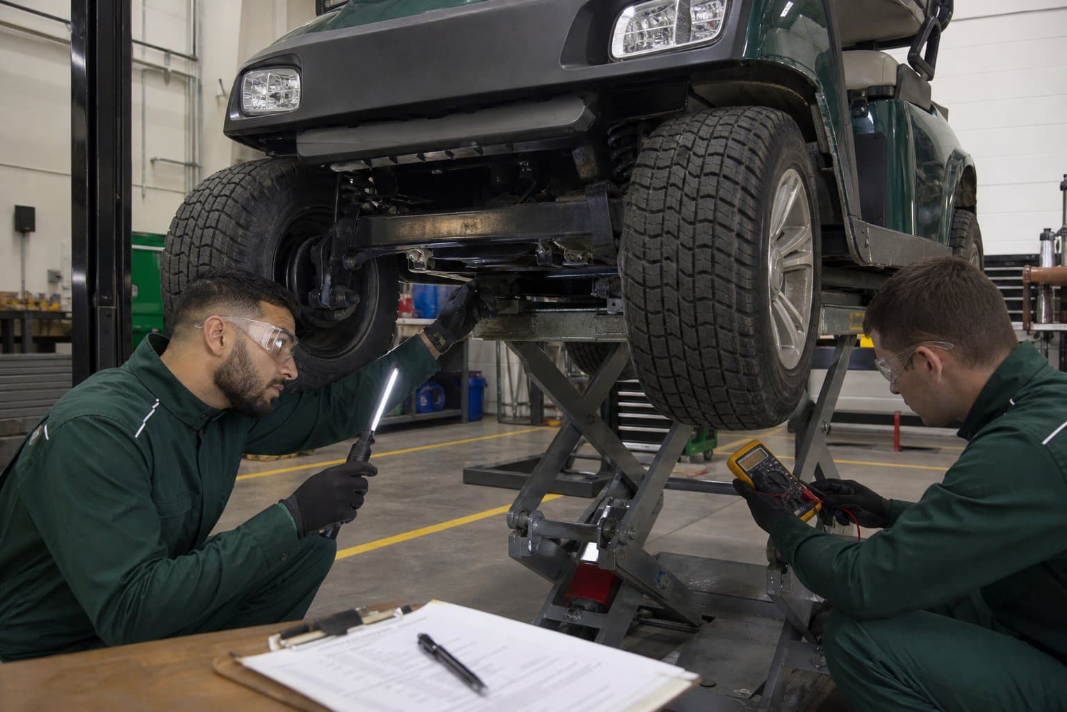 Two Sequence Golf Carts technicians performing a 63-point inspection underneath a cart on a scissor lift