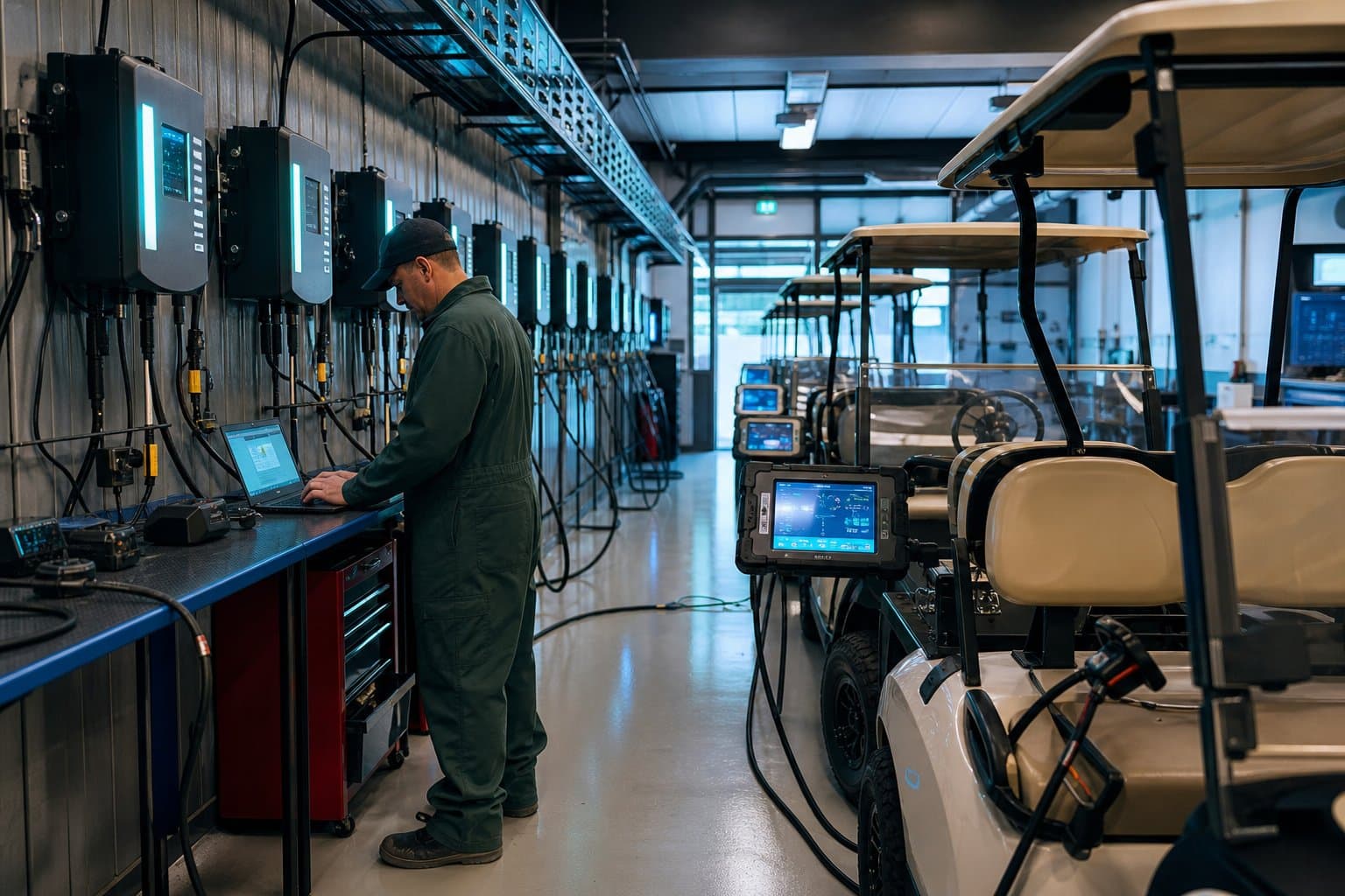 Golf carts connected to chargers and diagnostic monitors during battery load testing at Sequence Golf Carts