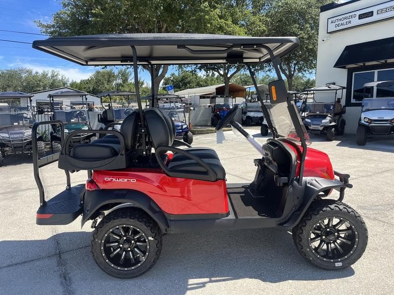2025 Club Car Onward Lifted 4-Passenger Gas PTV — Rally Red — All-Terrain Freedom Sale