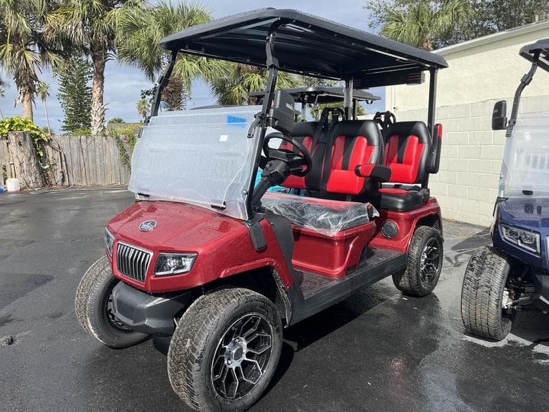 2025 Evolution D5 Ranger 4 Flamenco Red — Forward-Facing 4-Seater Cart